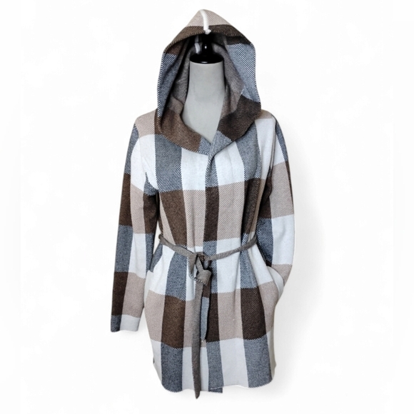 Joie Plaid Knit Hooded Jacket Women’s Large Belted Waist Preppy Travel Layering - Picture 7 of 7